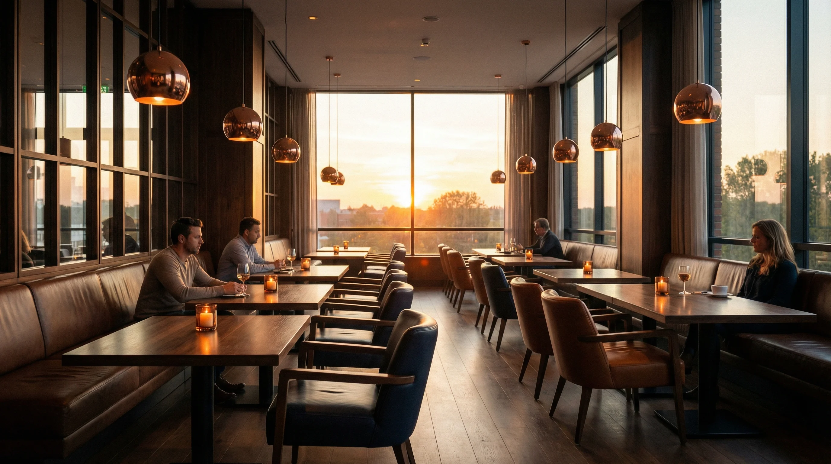 Warm ambient café interior with copper lighting