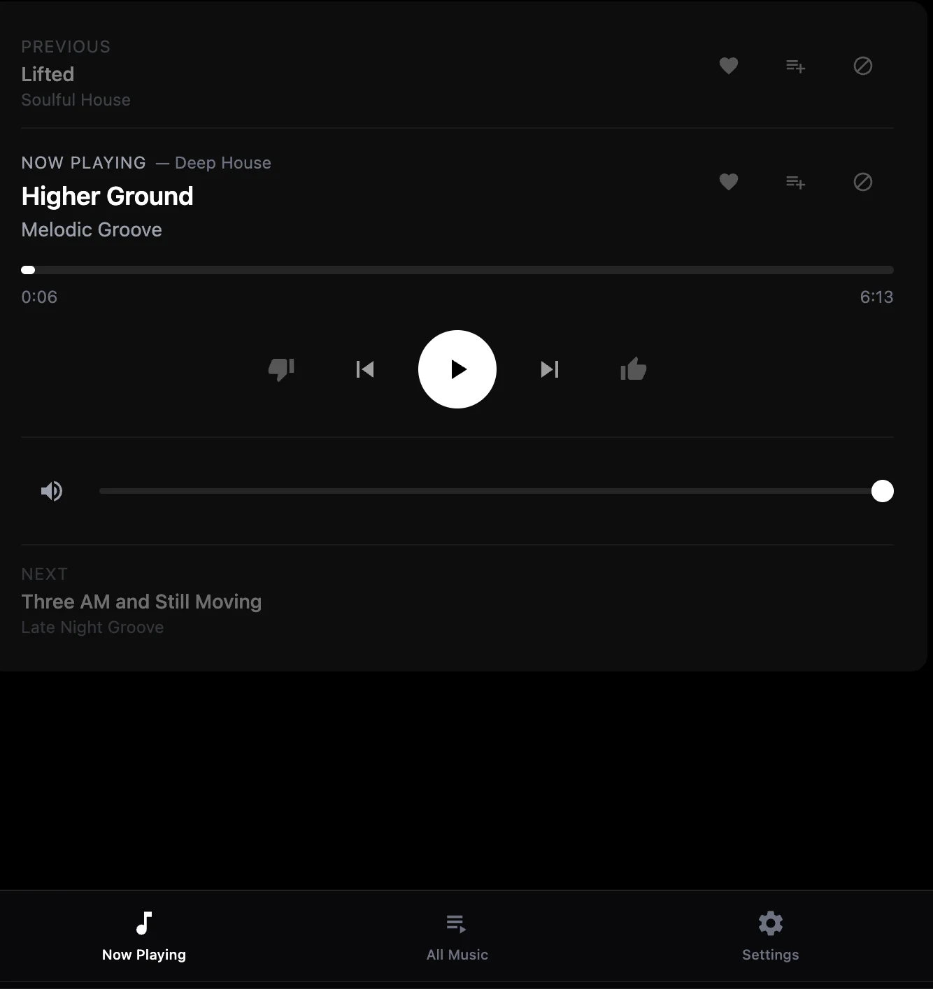 Ambsonic Now Playing interface showing music controls and track information