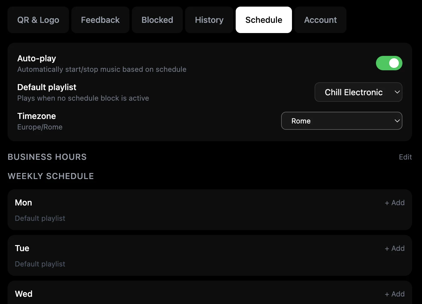 Ambsonic scheduling interface showing weekly playlist configuration
